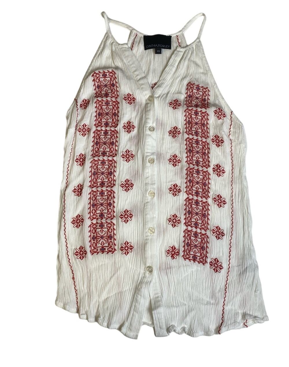 Cynthia Rowley Women's White Embroidered Racerback Button Blouse Size X-Small